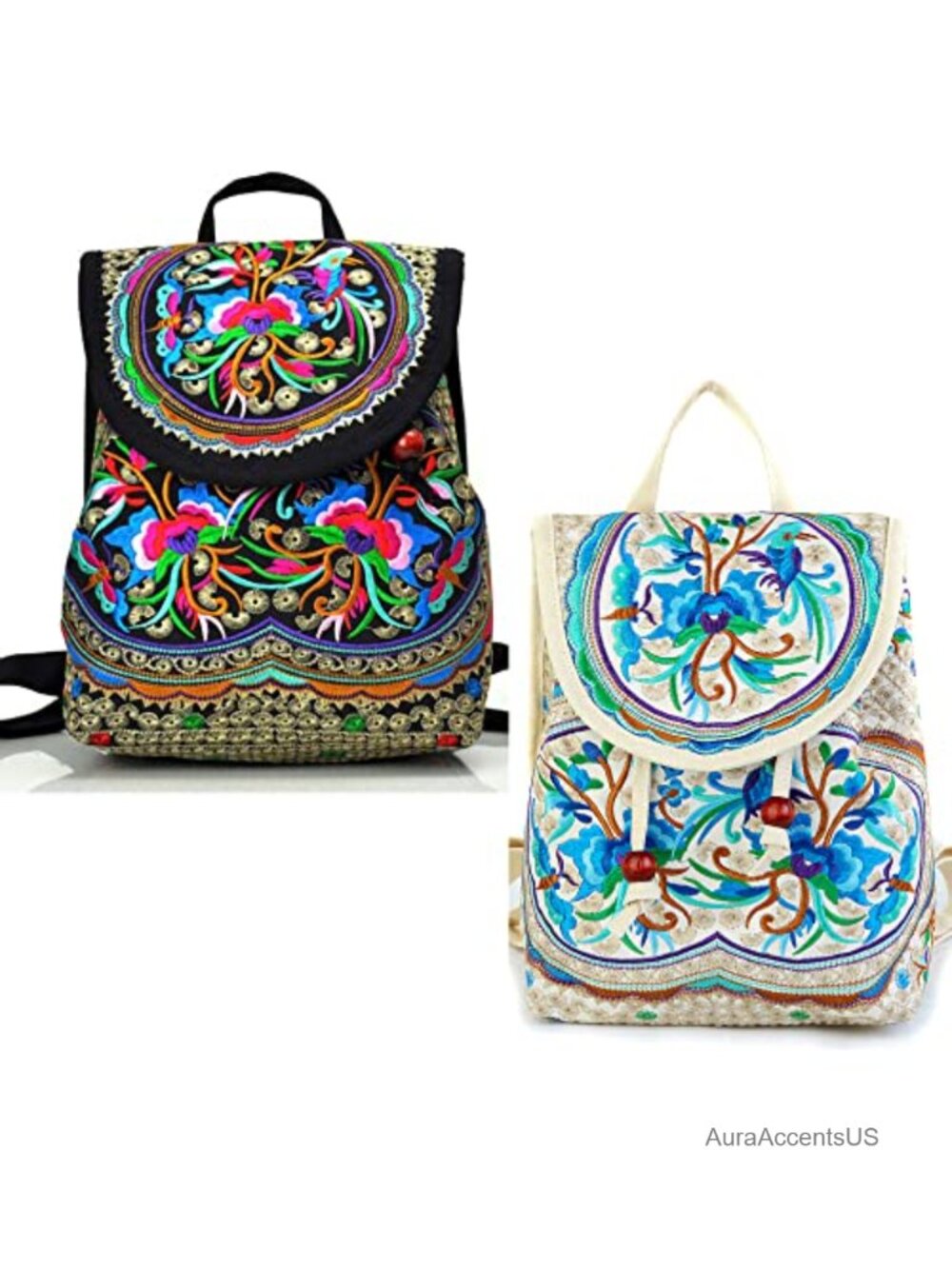 2pc Embroidered Backpack Purse Set for Women Canvas Daypack